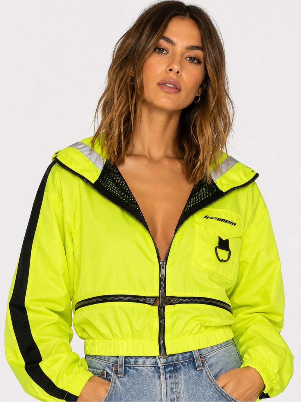 I.AM.GIA Hazard Neptune Jacket Neon Yellow Reflective Cropped Windbreaker XS